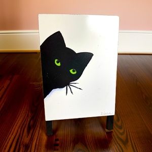Hand crafted black cat painting on white board easel 4.5x7.5 inches approx
